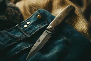 A knife is laying on a pair of blue jeans photo