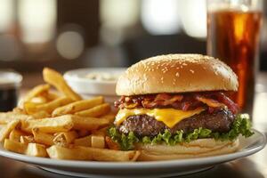 A burger with cheese and bacon on a bun sits on a plate next to a side of fries photo