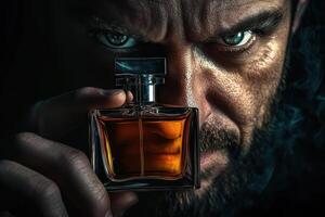 A man is holding a bottle of cologne and looking at the camera photo