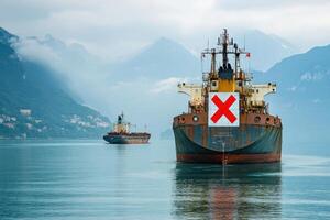 A large ship with an X on its side is sailing in the ocean photo