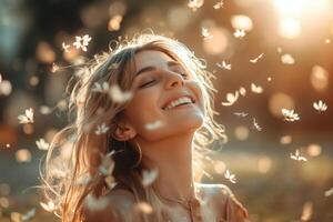 A woman is smiling and surrounded by white flowers photo