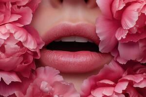 A woman's lips are surrounded by pink flowers photo