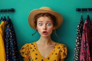 A woman in a yellow dress with a straw hat on her head is looking at a rack of c photo