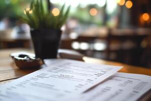 A table with a menu on it and a potted plant in the background photo