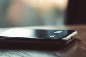 A cell phone is laying on a wooden table photo