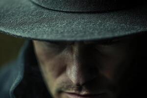 A man wearing a hat is looking down photo