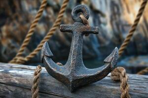 A rusty anchor is sitting on a wooden post photo