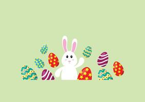 Colorful of easter eggs with a white bunny on a green background. vector