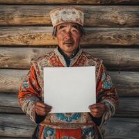 A man in a red and blue outfit holding a white sign photo