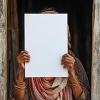 A woman is holding a white piece of paper in front of her face photo