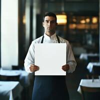 A man in a white shirt and black apron holding a blank piece of paper photo