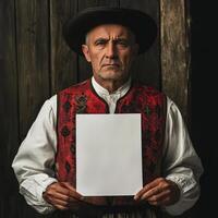 A man in a red vest holding a white piece of paper photo