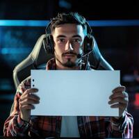 A man is holding a blank piece of paper in front of him photo