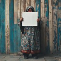 A woman in a colorful robe is holding a white sign photo