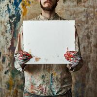 A man holding a white board with a red hand print on it photo
