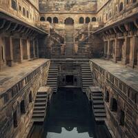 A large, empty building with a large pool of water in the middle photo
