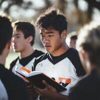 A man is reading a book while standing in a group of people photo