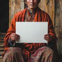A woman is holding a white sign in her hands photo