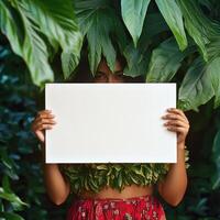 A woman is holding a white sign in front of a green leafy background photo