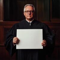A man in a black robe holding a white sign photo
