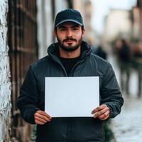 A man is holding a white sign and wearing a black jacket photo