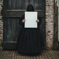 A woman in a black dress holding a white sign photo
