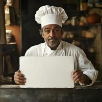 A chef is holding a blank piece of paper in front of him photo