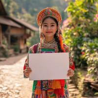 A young girl wearing a colorful outfit holds a blank piece of paper photo