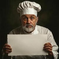 A man in a chef's hat holding a blank piece of paper photo