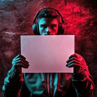 A man is holding a blank piece of paper in front of a wall photo