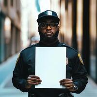 A man in a black uniform holding a white piece of paper photo