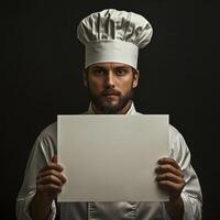 A chef is holding a white board with a blank space on it photo