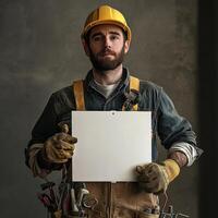 A man in a yellow hard hat is holding a white sign photo