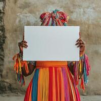 A woman is holding a blank white sign in front of a wall photo