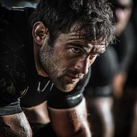 A man with a beard and sweat on his face is looking at the camera photo