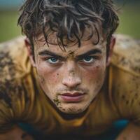 A man with a dirty face and a yellow shirt photo