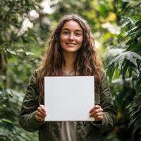 A woman is holding a white sign in a forest photo