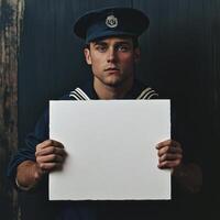 A man in a navy uniform holding a white sign photo