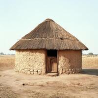 A small hut made of straw and mud sits in a field photo