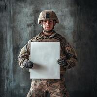 A soldier is holding a white sign in front of a wall photo