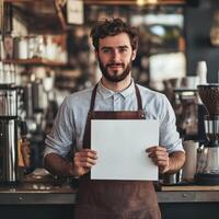 A man in a coffee shop holding a white sign photo