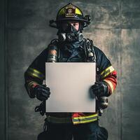 A firefighter holds a white sign in front of a wall photo