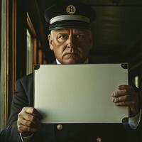 A man in a uniform holding a white sign photo