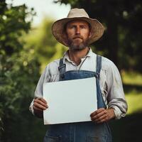 A man in a straw hat holds a blank piece of paper photo
