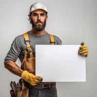 A man in a construction outfit holding a white sign photo
