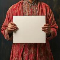 A person is holding a white sign in a red outfit photo