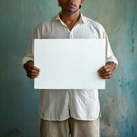 A man is holding a white board with nothing written on it photo