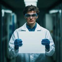 A man in a lab coat holding a white piece of paper photo