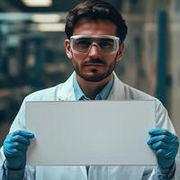 A man in a lab coat holding a white sign photo