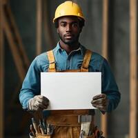 A man in a yellow hard hat holding a white sign photo